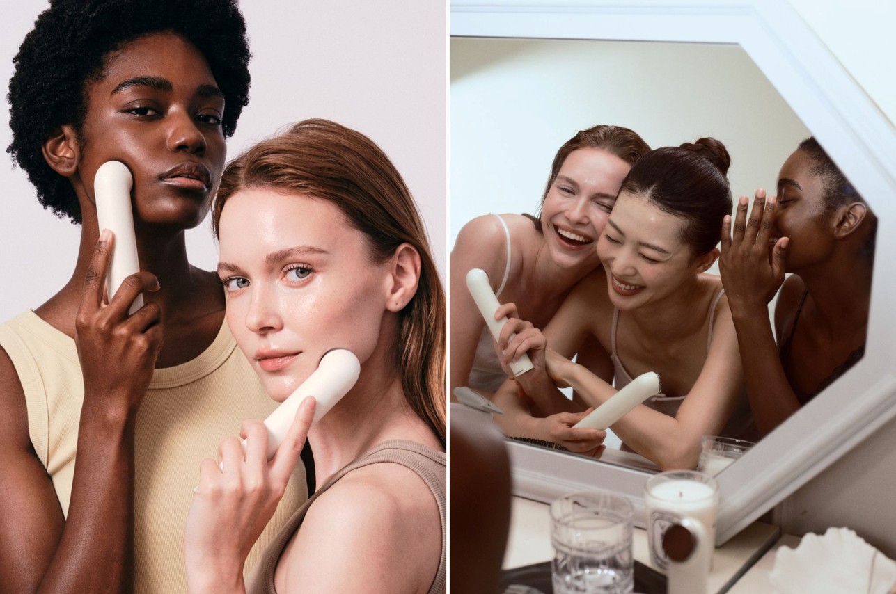 Two-panel scene shows women using white facial devices, with three laughing before a mirror.