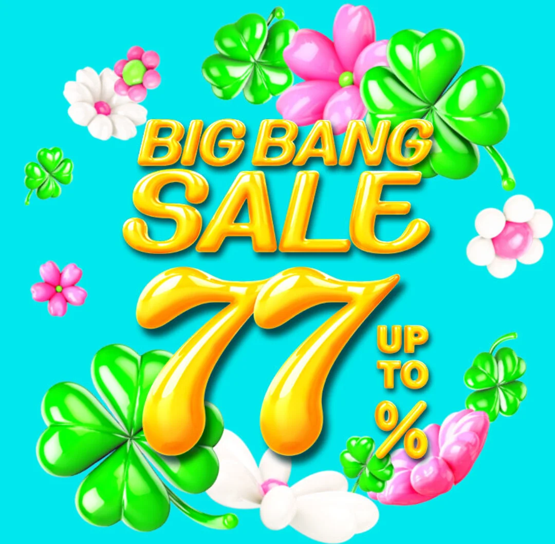 Colorful graphic reading “BIG BANG SALE,” with golden 77 and “UP TO 0%” among flowers and clovers.