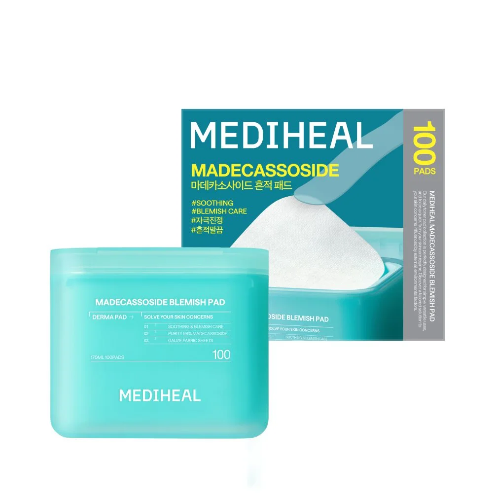 Mediheal madecassoside blemish pads in a tub and box.