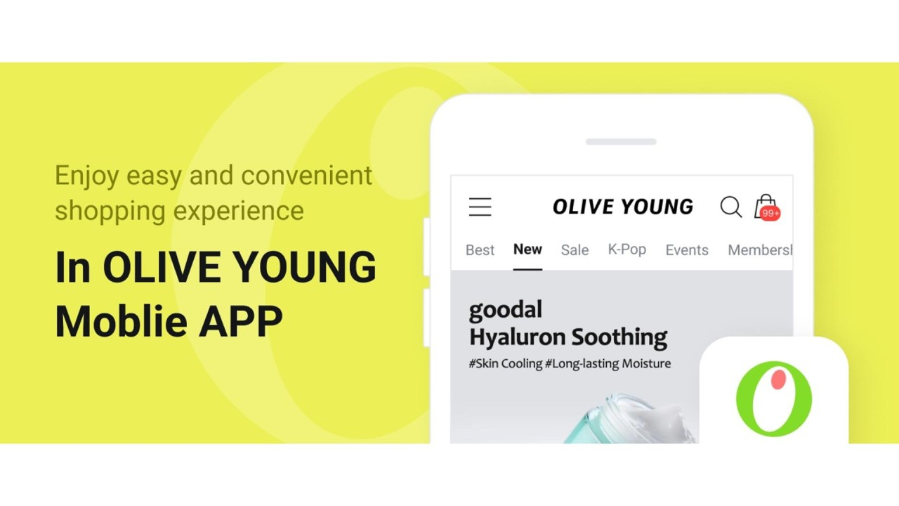 Yellow graphic promoting the Olive Young mobile app, with a shopping app screen on a phone.