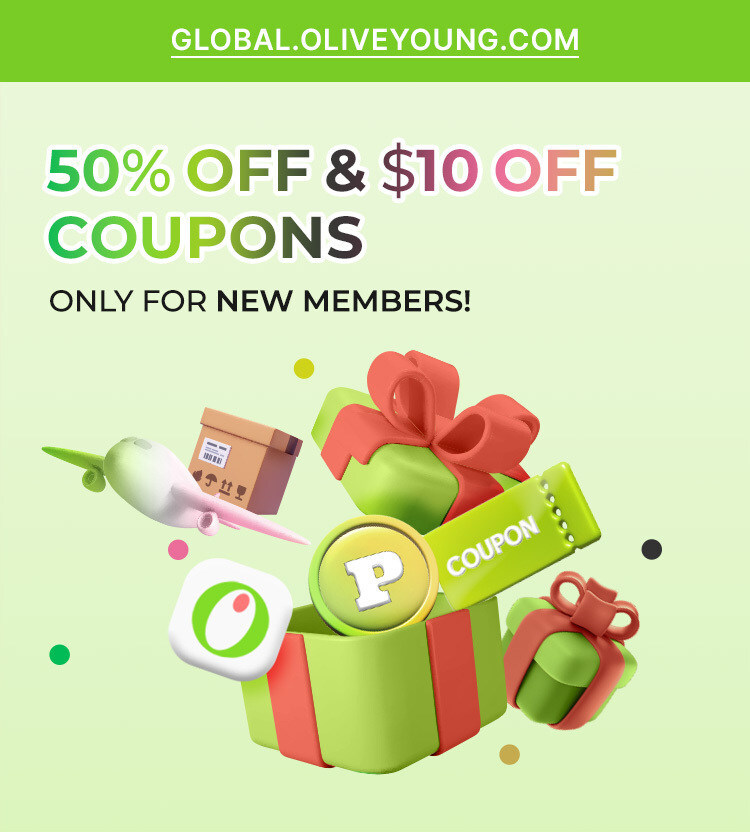 Image reading "50% off & $10 off coupon only for new members" with global.oliveyoung.com link along the top