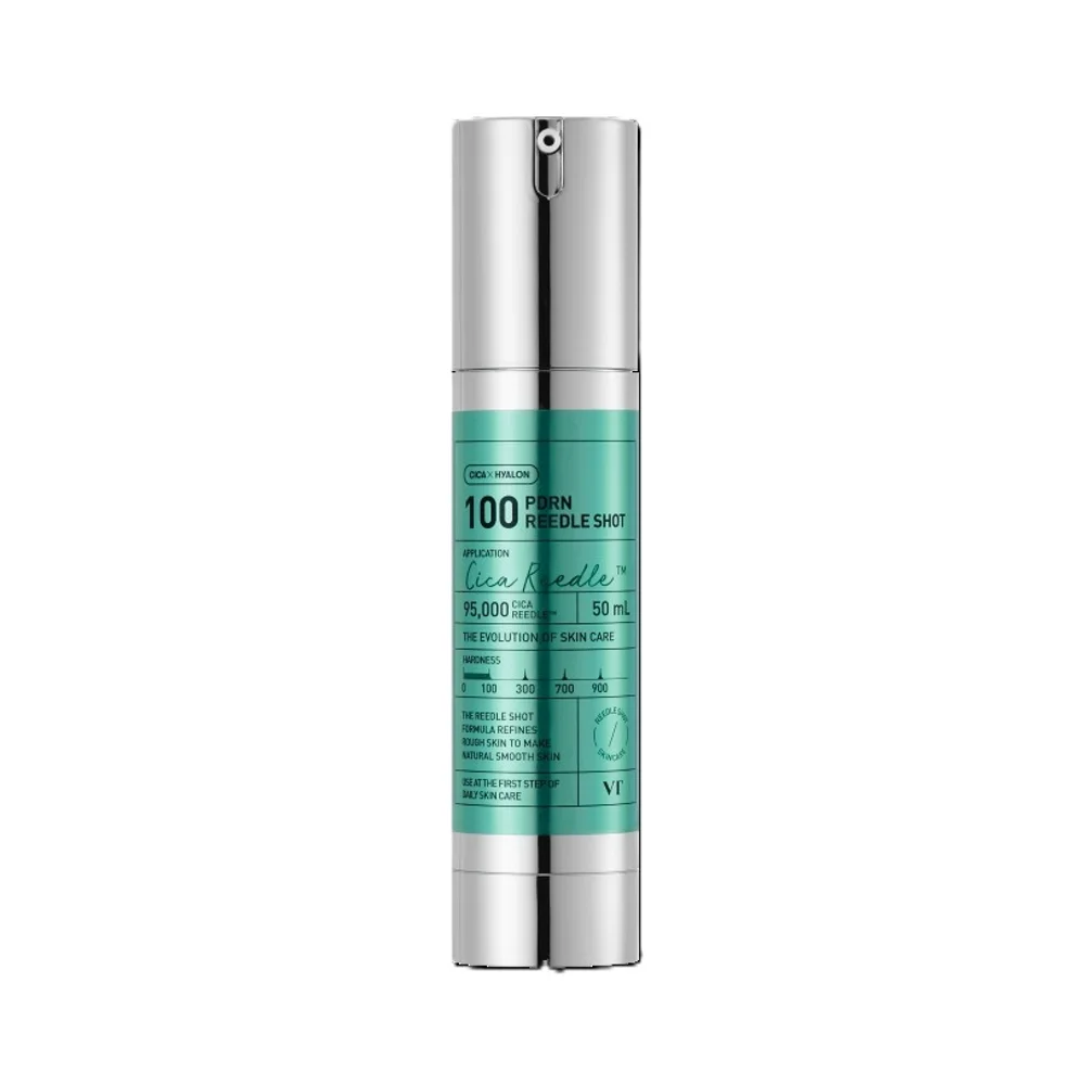 A silver-and-teal skincare bottle labeled “100 PDRN Reedle Shot” stands against a white background.