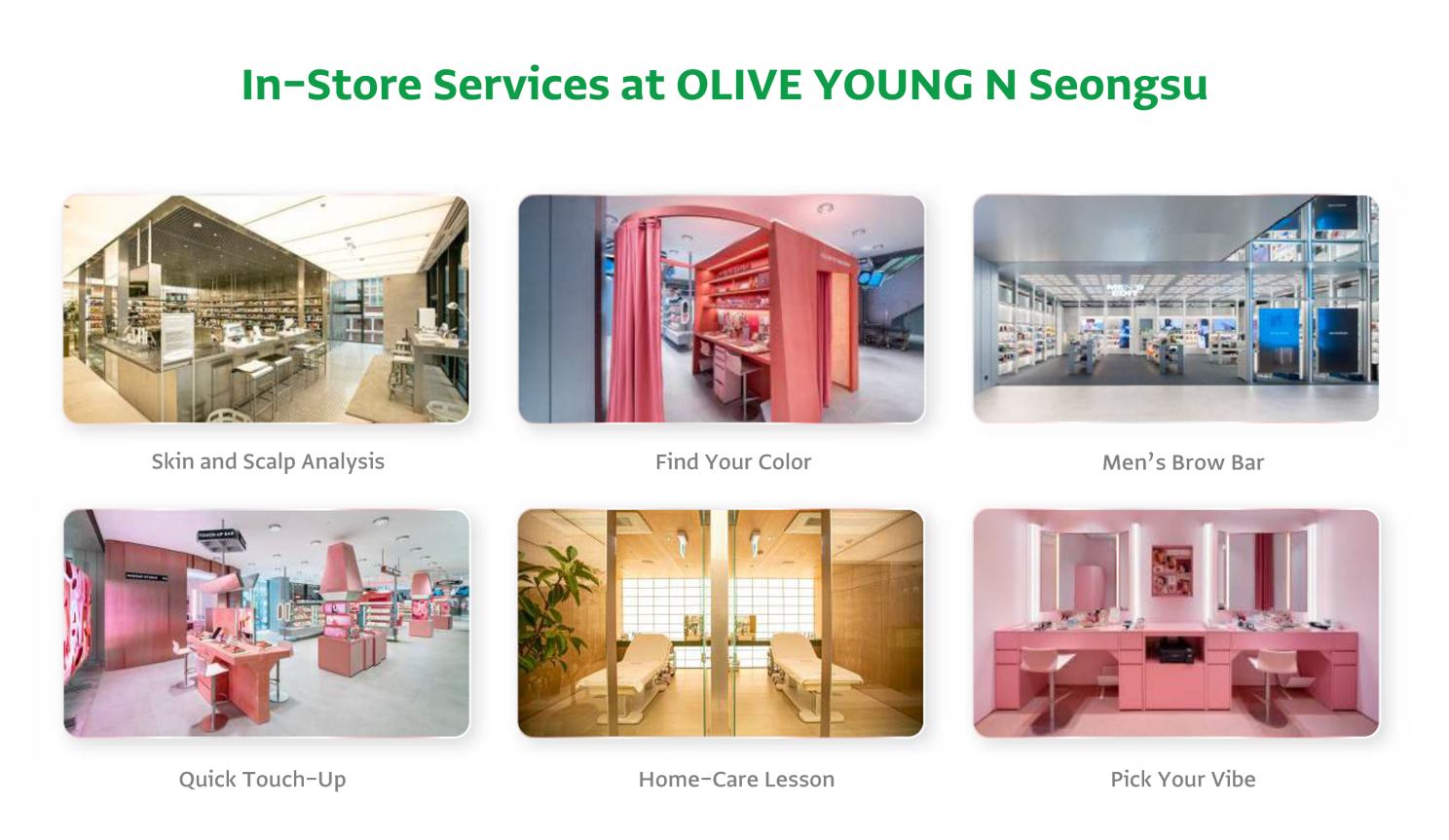 OLIVE YOUNG N Seongsu graphic shows six store interiors, including a brow bar and color station.