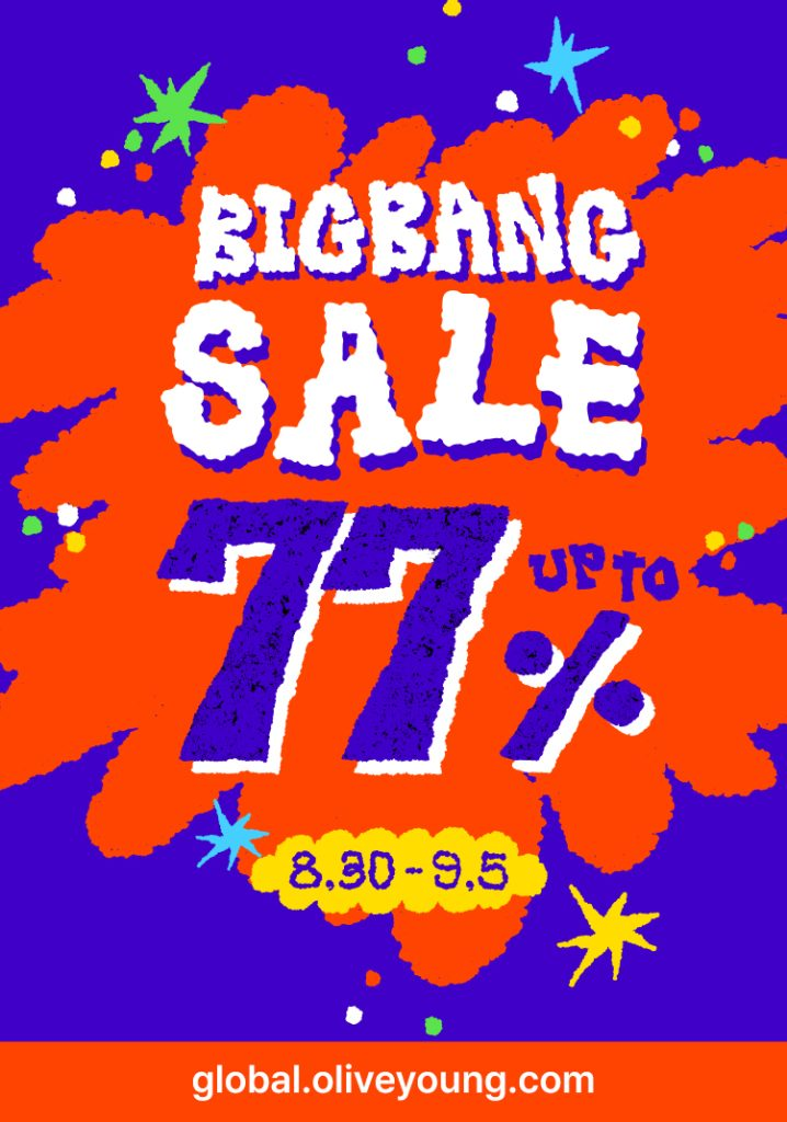 Colorful graphic reads “BIGBANG SALE 77% UP TO 8,90-9,5” and “global.oliveyoung.com.”