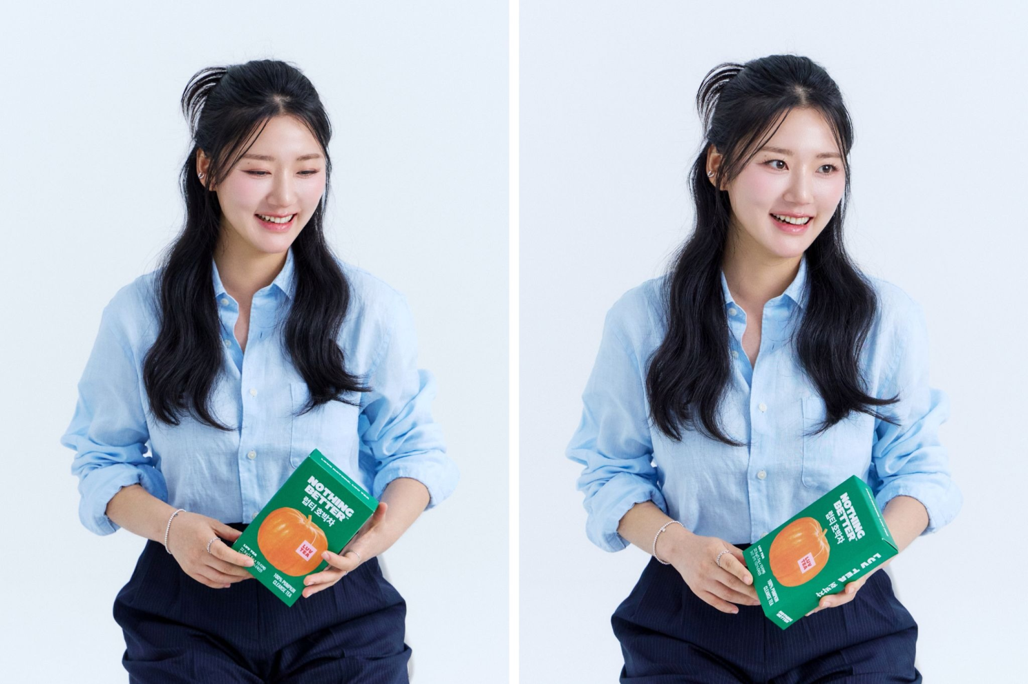 A woman in a light blue shirt holds a box of NOTHING BETTER tea in two side-by-side portraits.