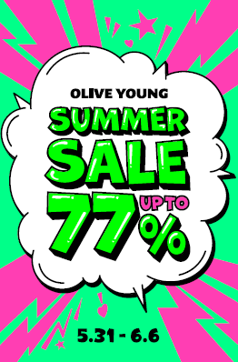 Bright pink-and-green graphic advertises Olive Young’s summer sale, up to 77% off, from 5.31–6.6.