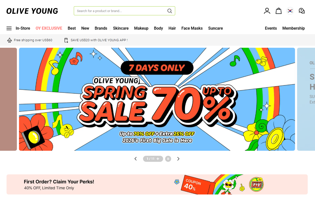 A colorful promotional banner reading “Spring Sale up to 70% off” is displayed on the Olive Young website.