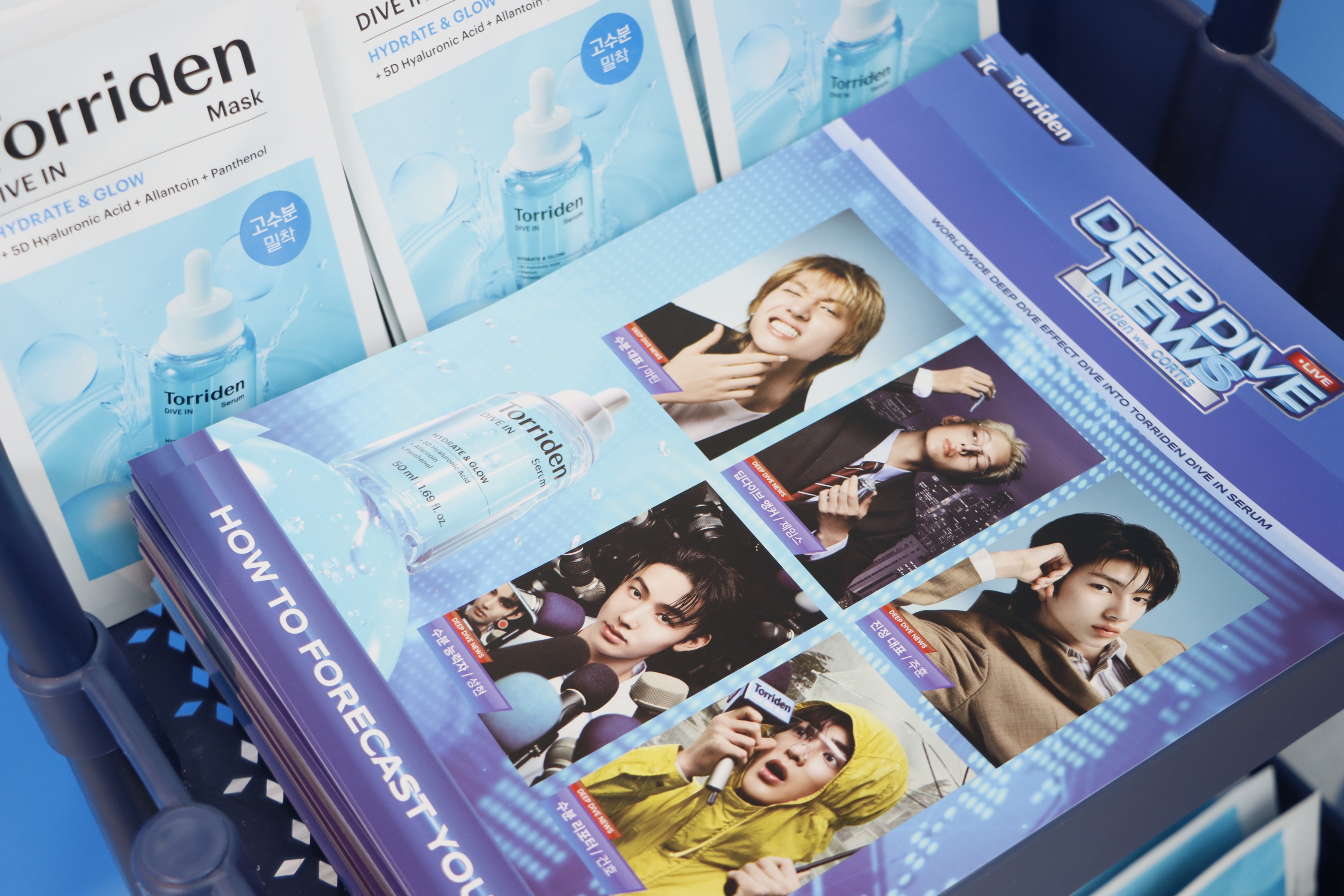 A magazine spread shows Torriden skincare ads, serum bottles, and portraits of several people.
