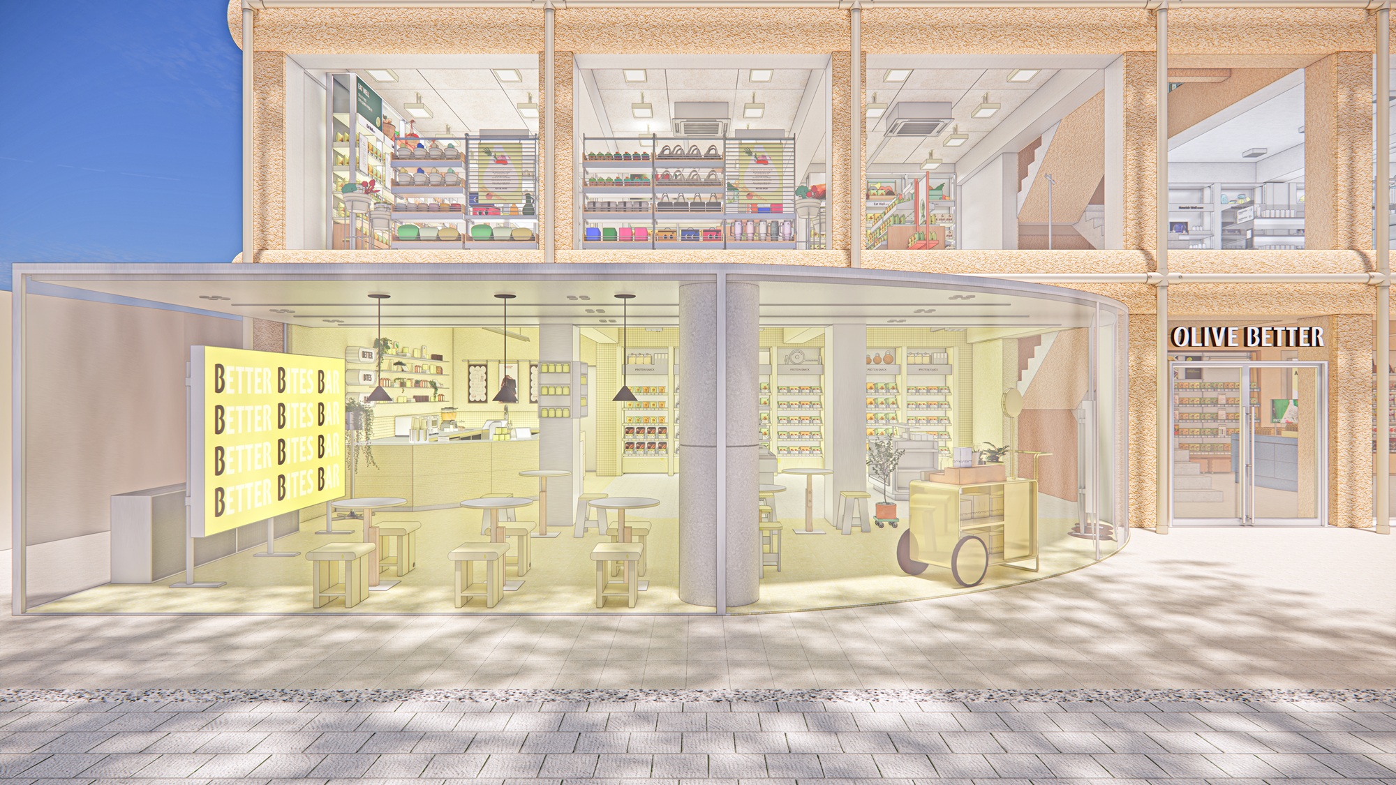 유리창 너머 진열대와 좌석이 보이는 식료품점 외관에 ‘OLIVE BETTER’와 ‘BETTER BITES BAR’가 적혀 있다.