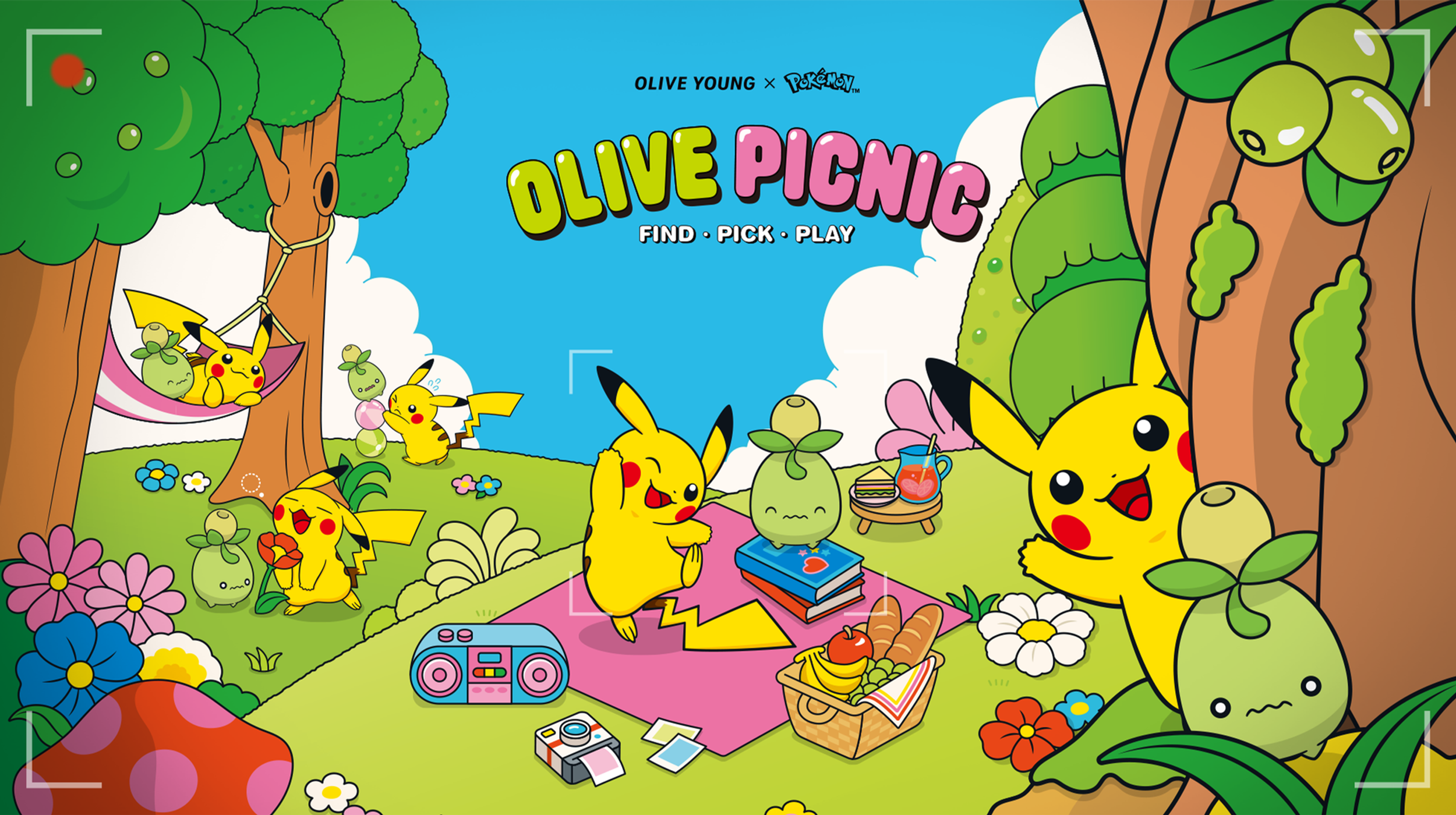 Colorful Pokémon picnic scene featuring Pikachu and other characters, labeled Olive Picnic.