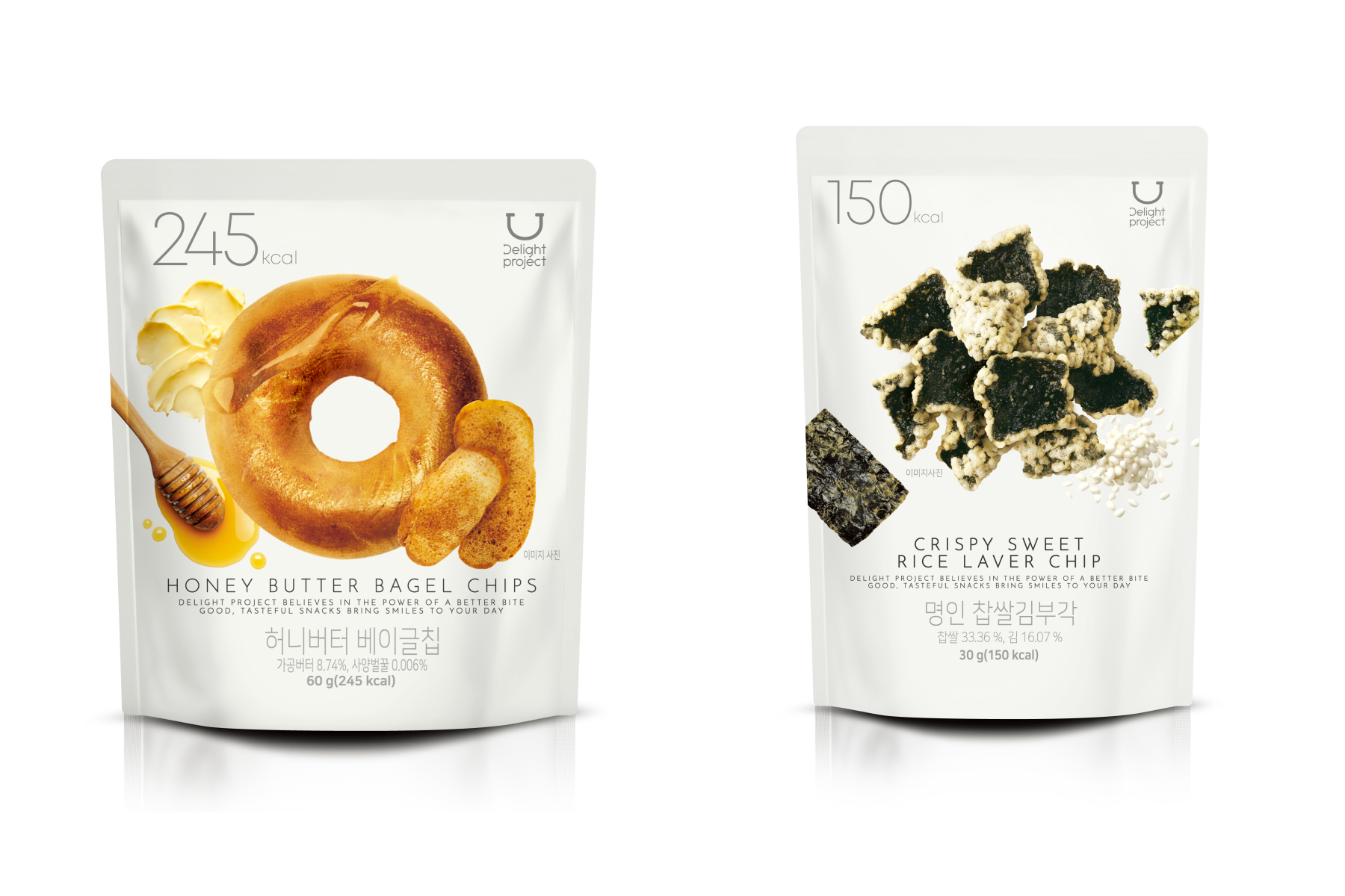 ハニーバターベーグルチップスとクリスピースイートライス海苔チップの袋菓子が並んでいる。