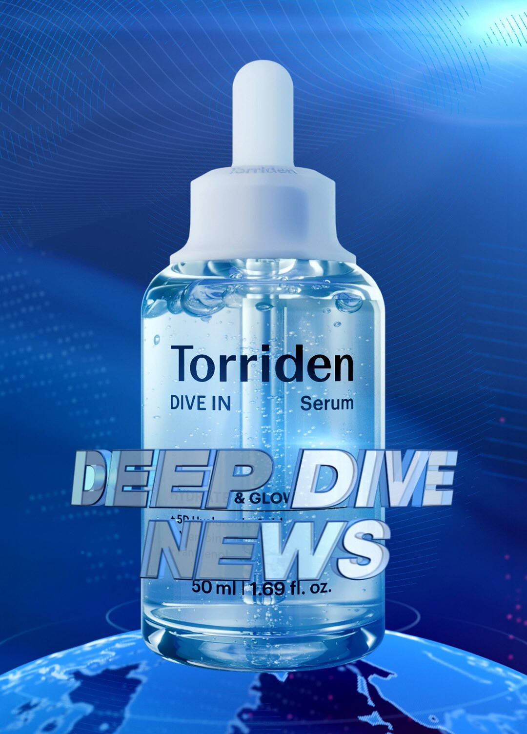 푸른 배경 속 물방울이 맺힌 토리든 ‘DIVE IN Serum’ 용기와 ‘DEEP DIVE NEWS’ 문구.