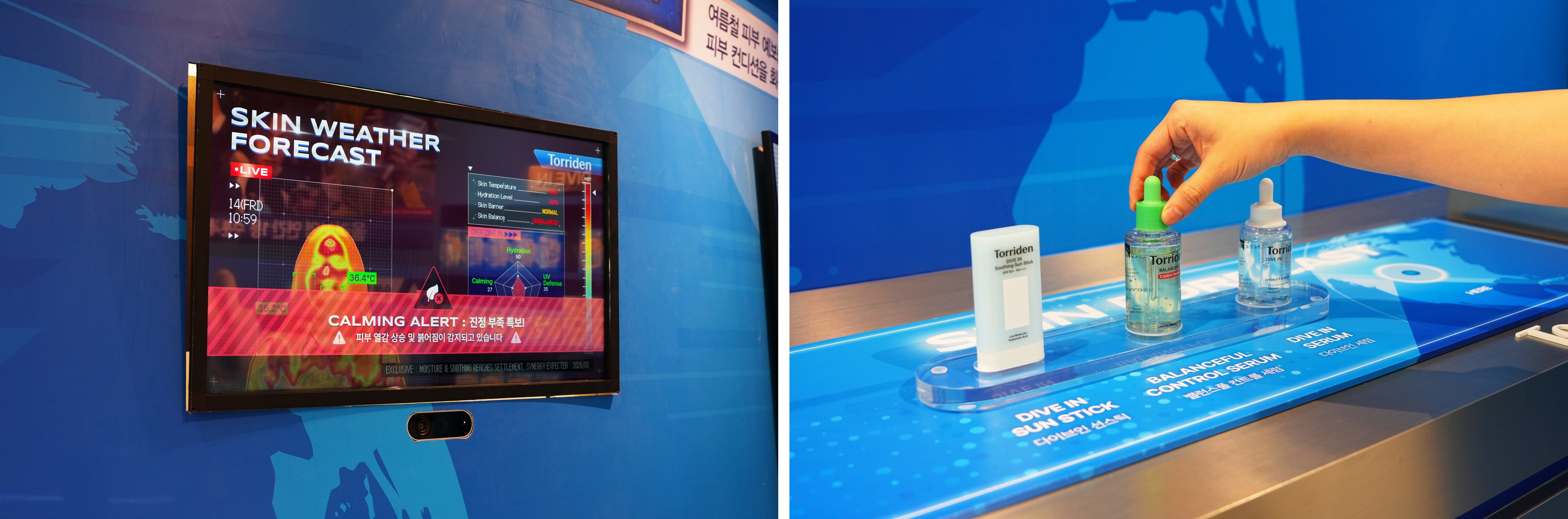 A monitor shows a skin-weather forecast beside skincare bottles and a hand holding an applicator.
