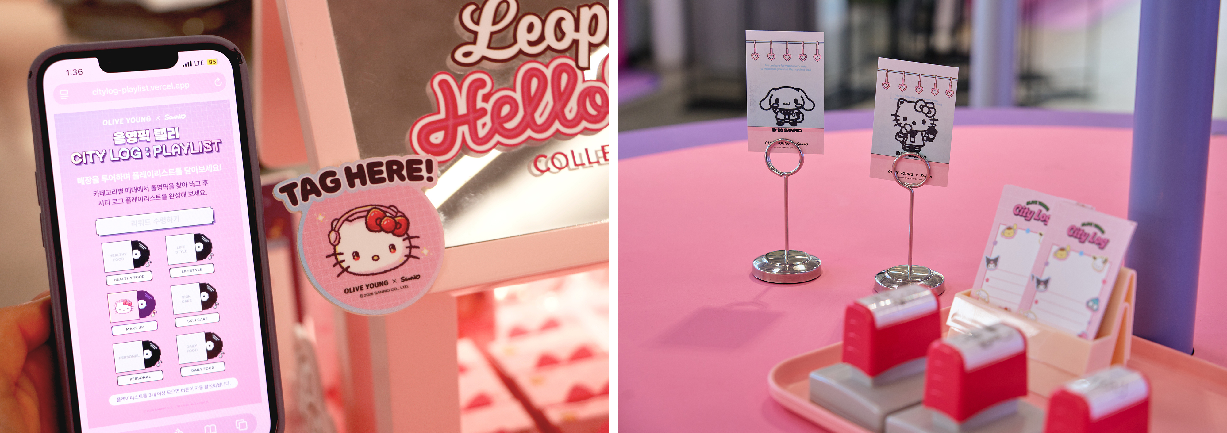 A phone displays a City Log playlist beside Hello Kitty and other Sanrio-themed display cards.