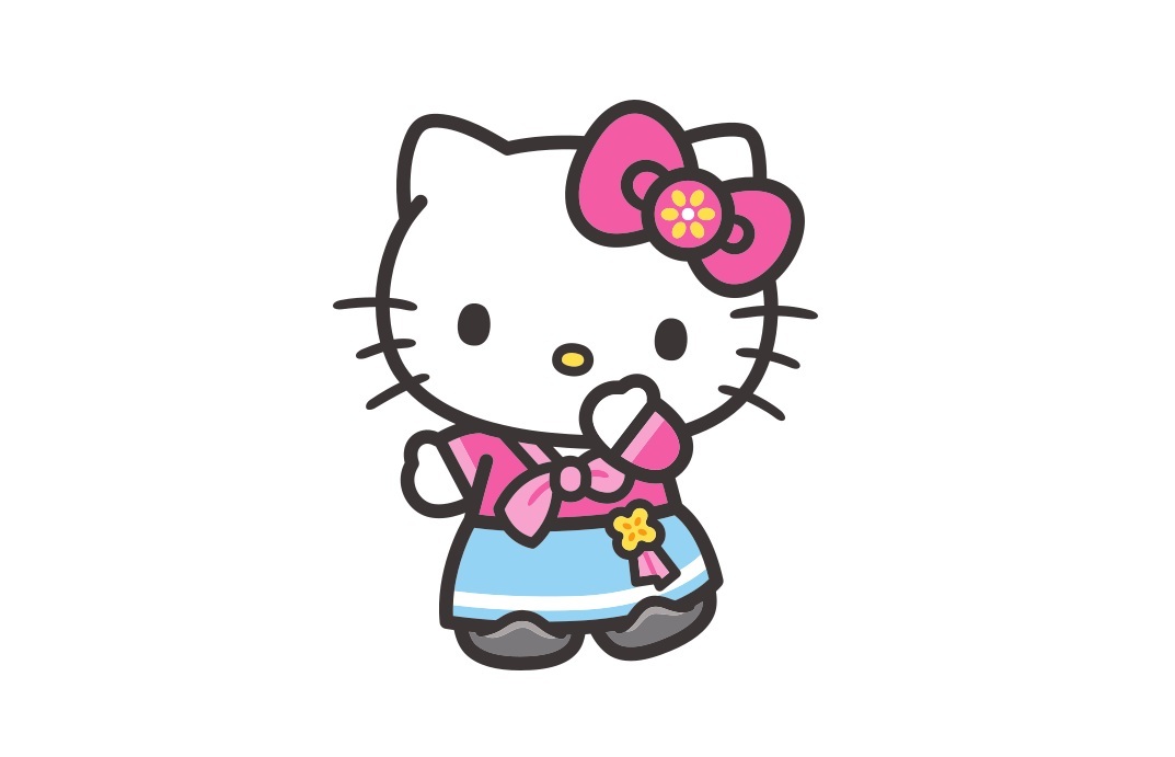 Hello Kitty wears a pink top and blue skirt, holding a pink flower-adorned accessory.