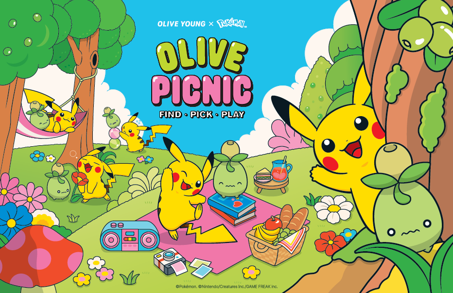 Colorful illustration of Pikachu characters picnicking among flowers, trees, and picnic food.