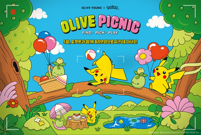 ‘OLIVE PICNIC’ 문구 아래 숲속에서 피카츄들이 풍선과 도시락을 곁들여 소풍을 즐기는 그림