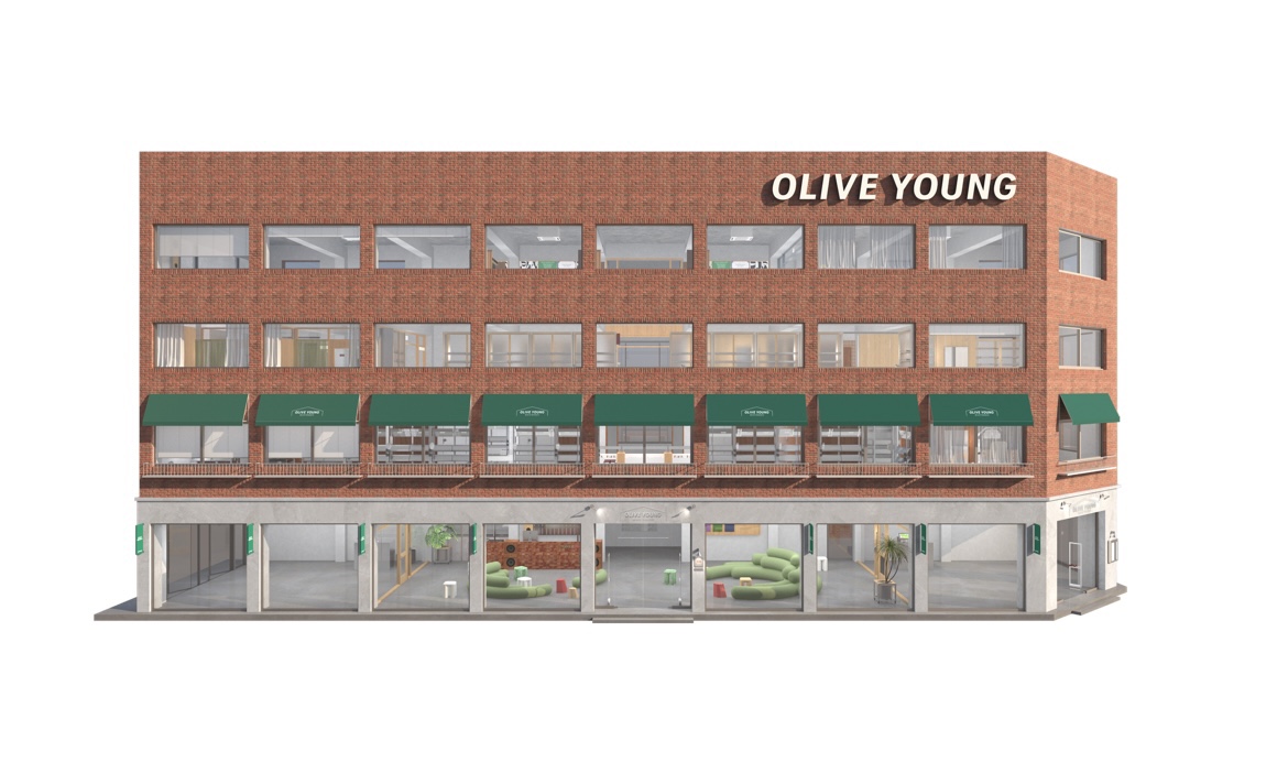 Rendering of a three-story brick Olive Young building with green awnings and storefronts.