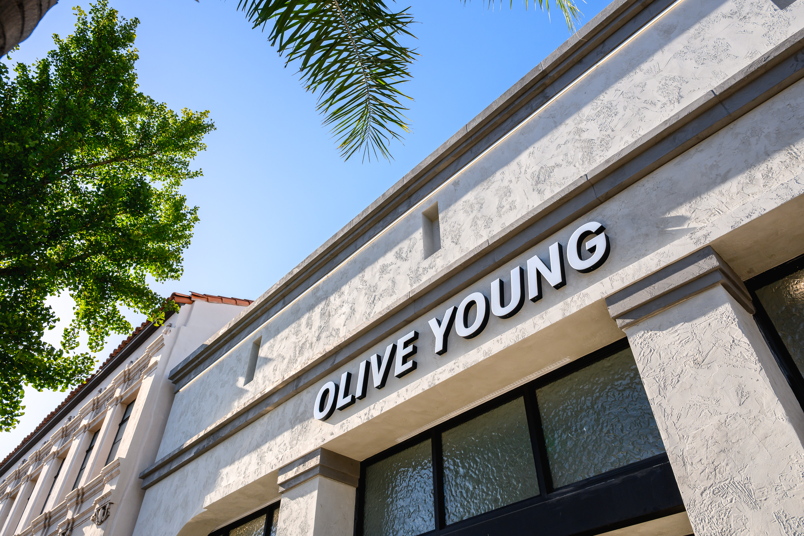 A white storefront marked OLIVE YOUNG stands beneath palm trees and a blue sky.