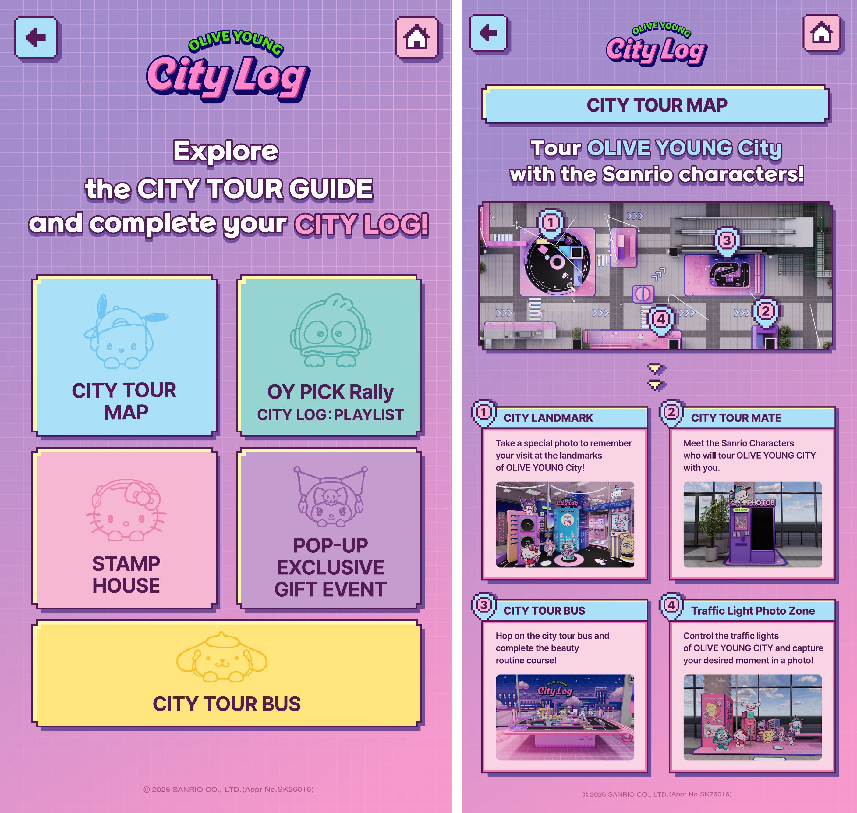 Olive Young City Log graphic promotes a city tour map with four numbered attractions.