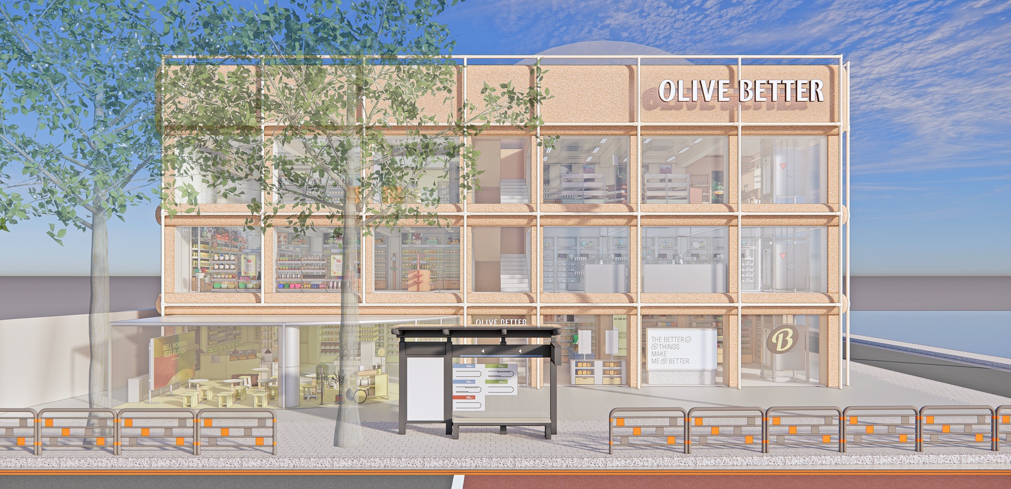 Aerial view of a multistory store with glass exterior walls and an ‘OLIVE BETTER’ sign