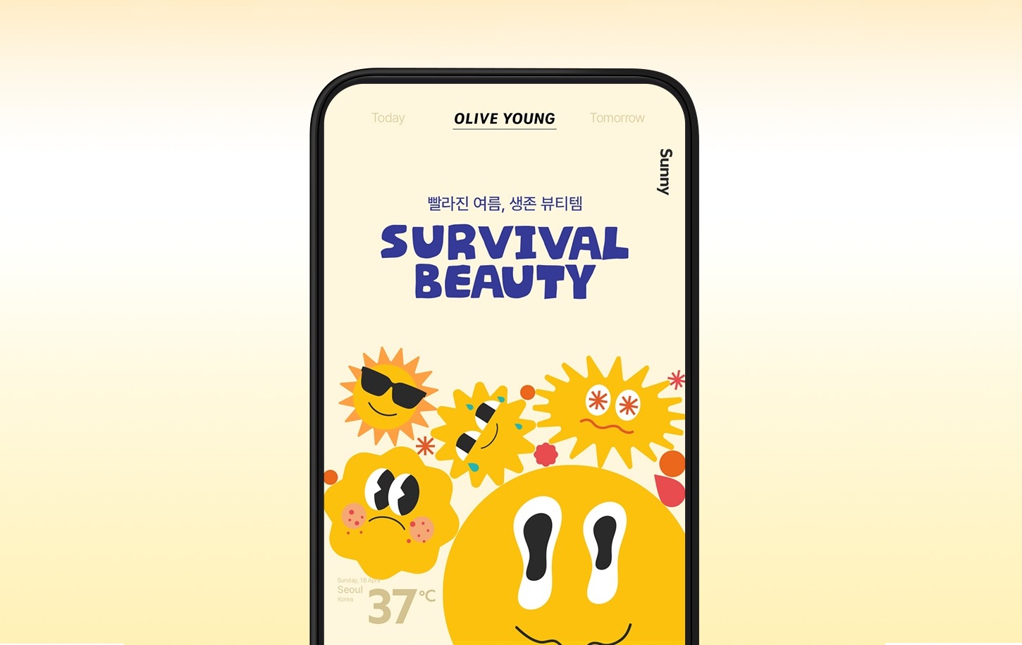 A smartphone displays “SURVIVAL BEAUTY” with colorful cartoon suns and a 37°C reading.